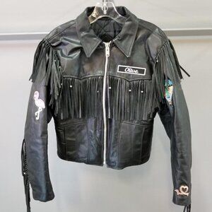 TRD Leather Black Frilled Zip Up Women Jacket (Made In USA) - sz 10